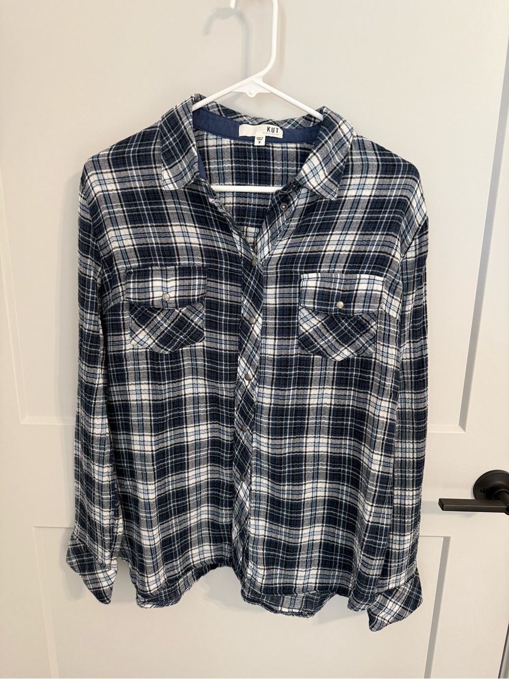KUT from the Kloth women’s plaid snap button-up shirt in navy, blue and white